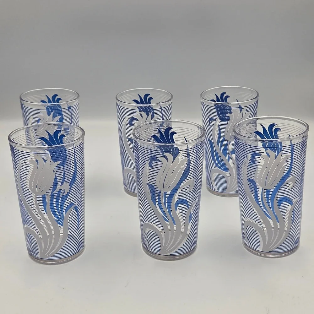 Unbranded Tulip Tumbler Glasses Set of 6 Blue White Floral Vintage Style 10oz